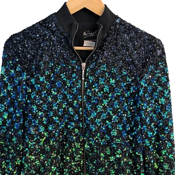Mac Duggal Sequin Bomber Jacket Black Blue Green Zip Up Size 4 - Picture 3 of 10